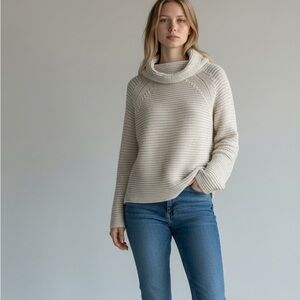 Lilla P Women's Light Gray Turtleneck Sweater, 100% Cotton, Waffle Knit, Size M